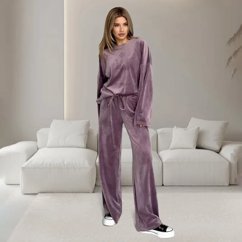 Winter Warm 2Pcs Pajamas Sets Women O-neck Long Sleeved Shirts High Wasit Pants Homewear Loose Casual Comfortable Soft Suits