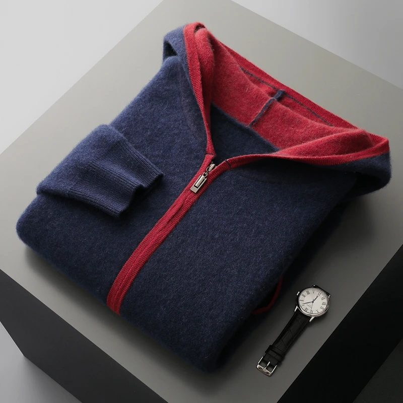 Autumn Winter New 100% Cashmere Sweater Hooded Zipper Cardigan Men's Air Layer Thickened Color Block Knitted Sweater Jacket