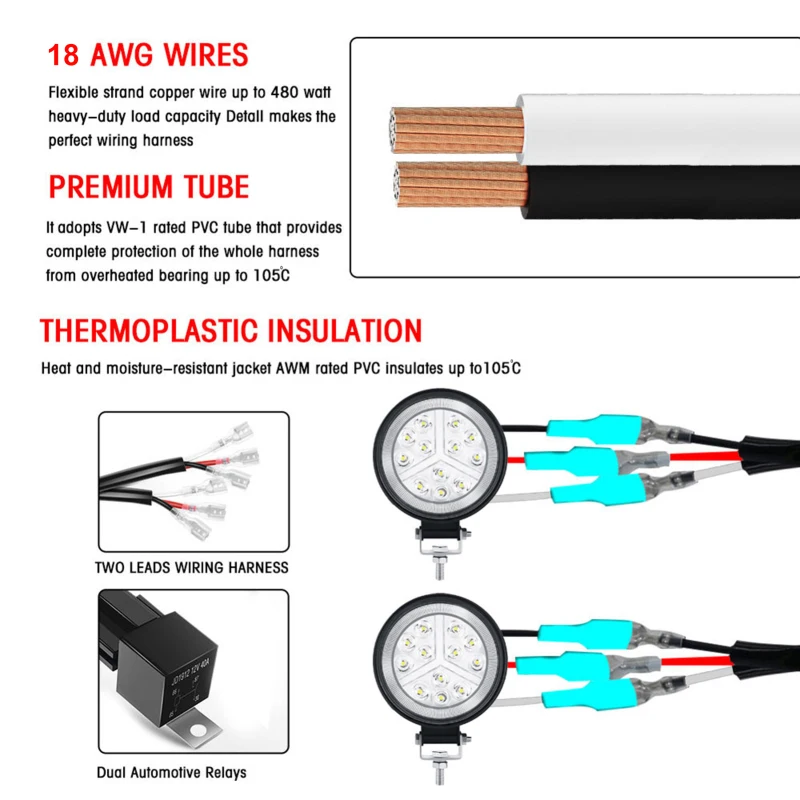 LED Light Bar Wiring Harness Kit 480W 2 Leads 18 AWG LED Wiring Harness with 12V 40A Relay and Waterproof Control Switch