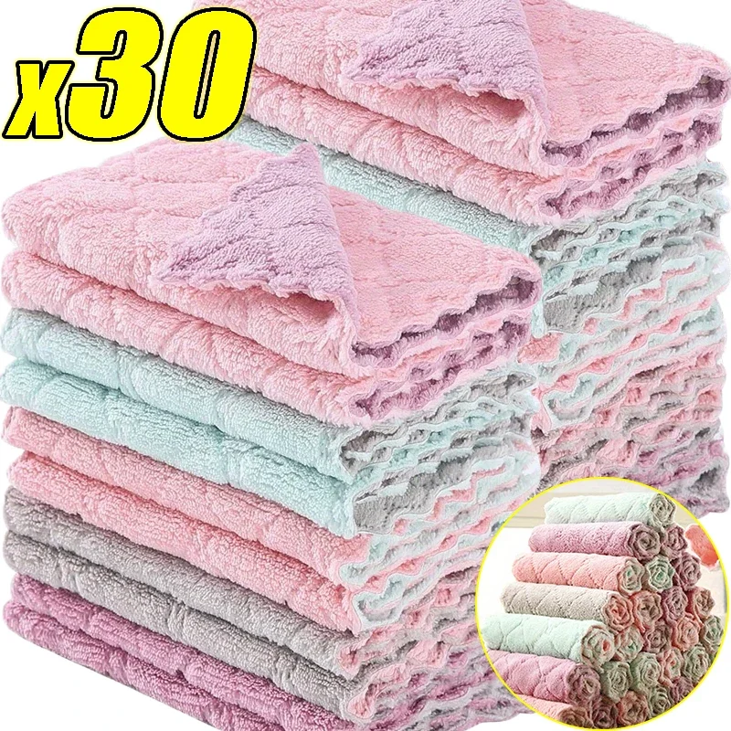 30/1pcs Double-layer Microfiber Towel Super Absorbent Coral Fleece Cleaning Cloths Kitchen Non-stick Oil Dishcloths Scouring Rag