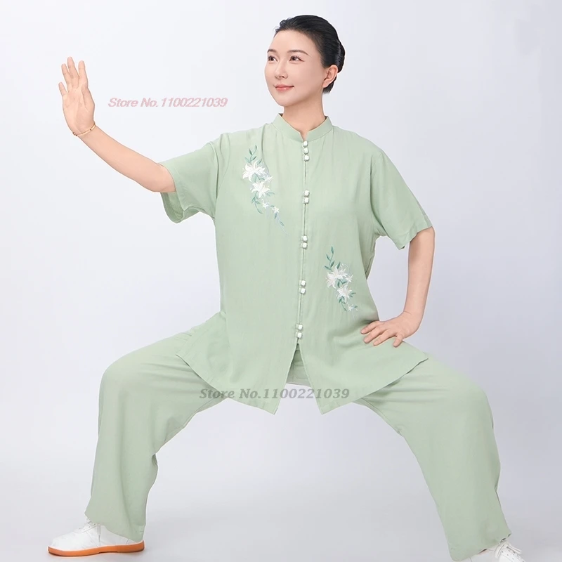 2026 chinese kung fu tai chi martial arts set flower embroidery uniform stage performance cotton linen taiji wushu wing chun set view 6