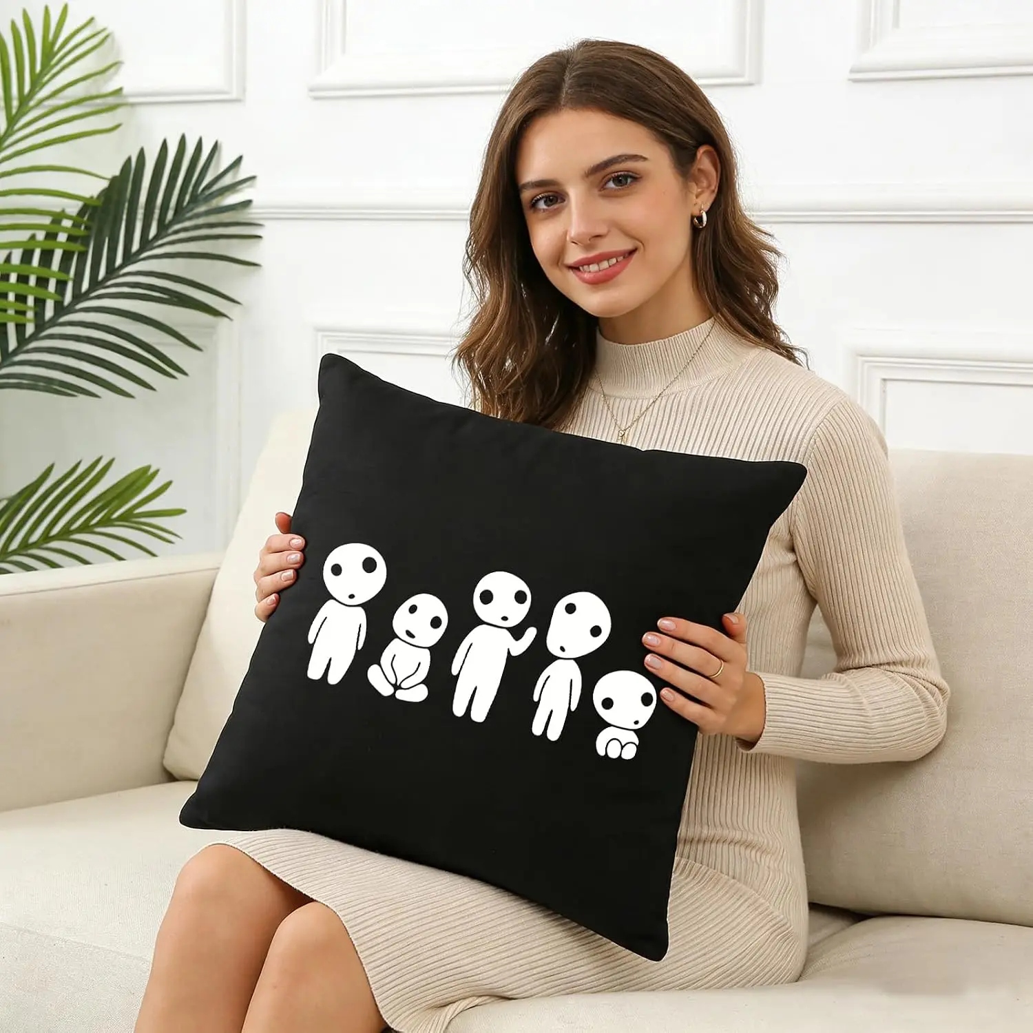 Funny Alien Family Pillowcase, Cute White Spaceman Pattern, Minimalist Black & White Home Decor, Soft Cushion Cover