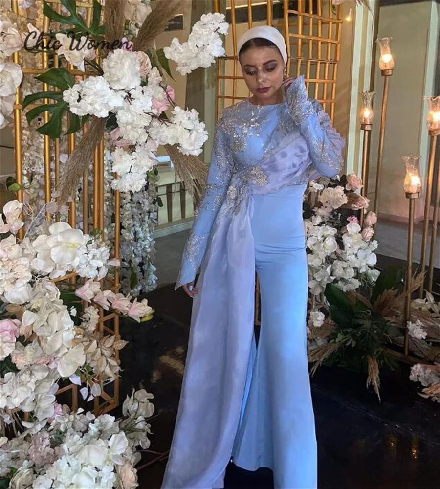 Fashion Blue Muslim Jumpsuit Evening Dress With Tail Elegant Long Sleeve Sequin Dubai Abayas Prom Dress 2024 Turkey Formal Party