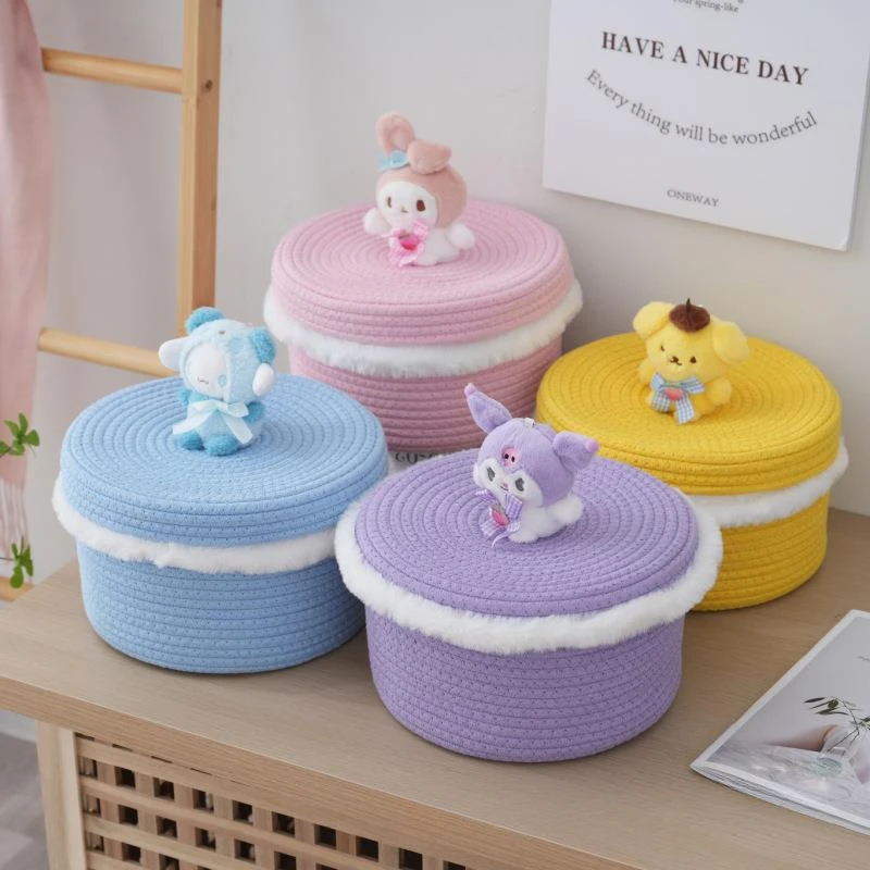 Kawaii Sanrio Cotton Rope Storage Basket with Lid Cinnamoroll My Melody Toy Organizer Desktop Storage Bucket School Supplies