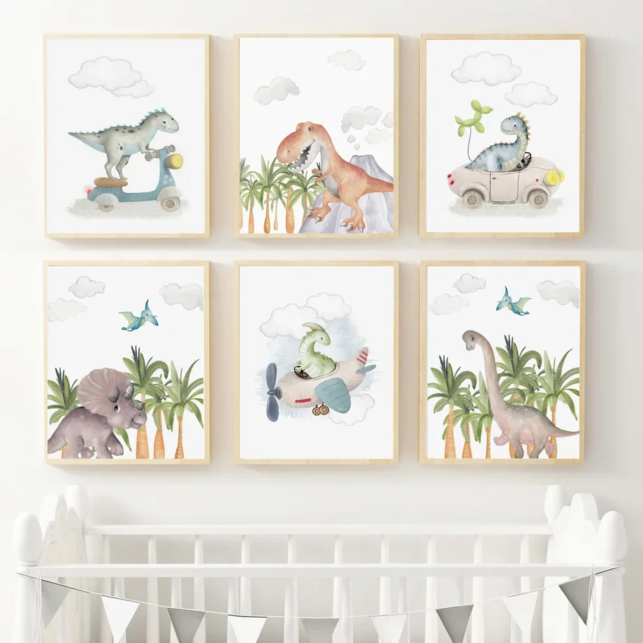 Cartoon Dinosaur Watercolor Animal Jurassic Nursery Wall Art Canvas Painting Poster And Prints Wall Pictures Kids Boy Room Decor