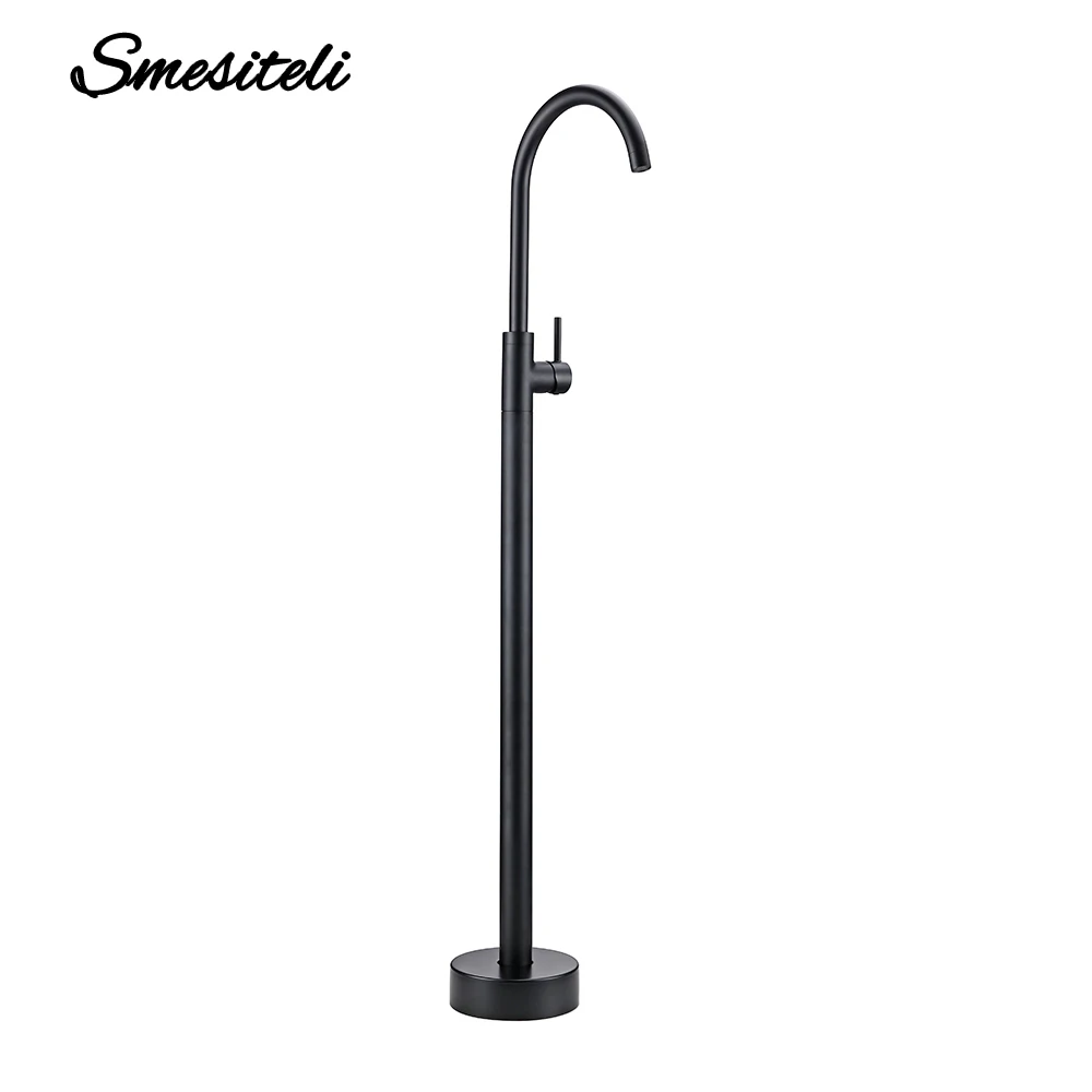 Smesiteli Wholesale Classic Solid Brass Matte Black Finish Black Single Handle Freestanding Bathtub Filler Faucet Floor Mount