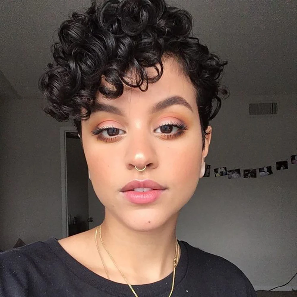 Parrucche brasiliane per capelli umani Taglio pixie a onde corte e sciolte con frangia pre-pizzicata per le donne Capelli umani al 100% fatti a macchina senza grovigli