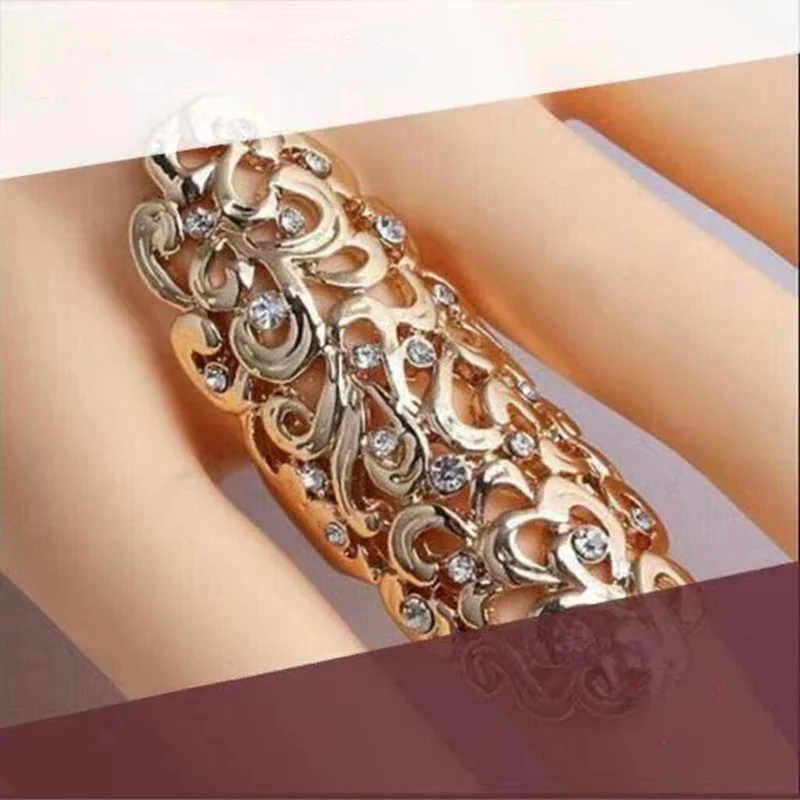 Milangirl Popular Retro Exaggerate Hollow Out Crystal Gold Color Big Knuckle Rings for Women Jewelry Gifts Long Wedding Rings
