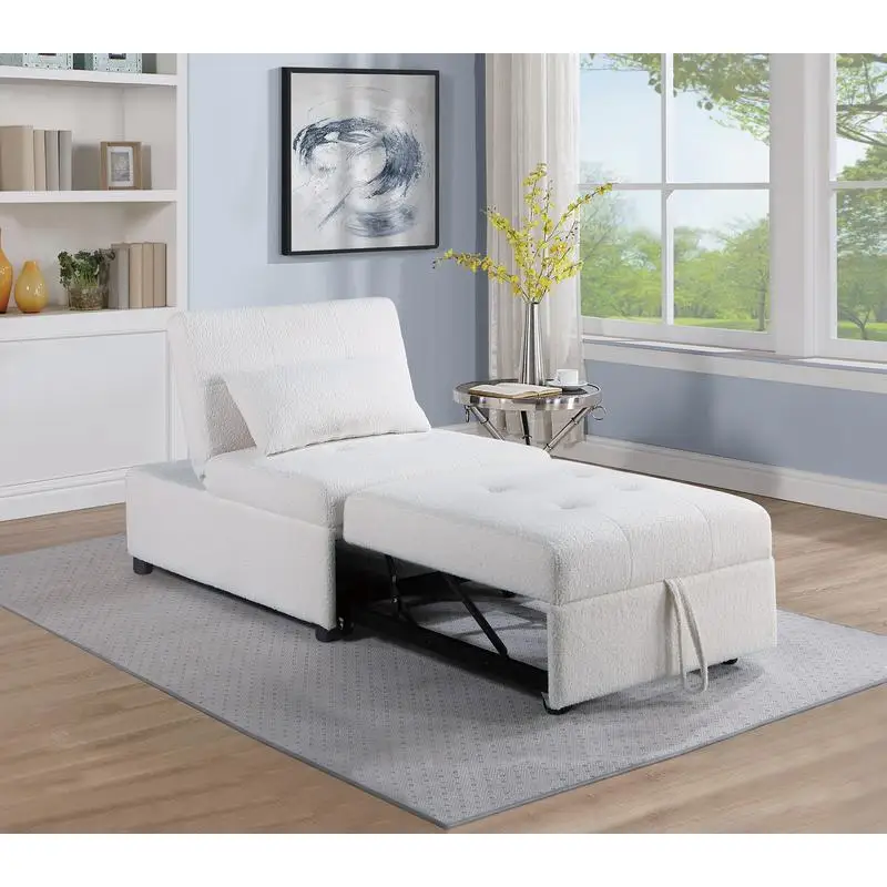Contemporary White Sleeper Sofa Chair with Plush Tufted Seat, Convertible Couch with Sherpa Fabric, Modern Design, 1pc