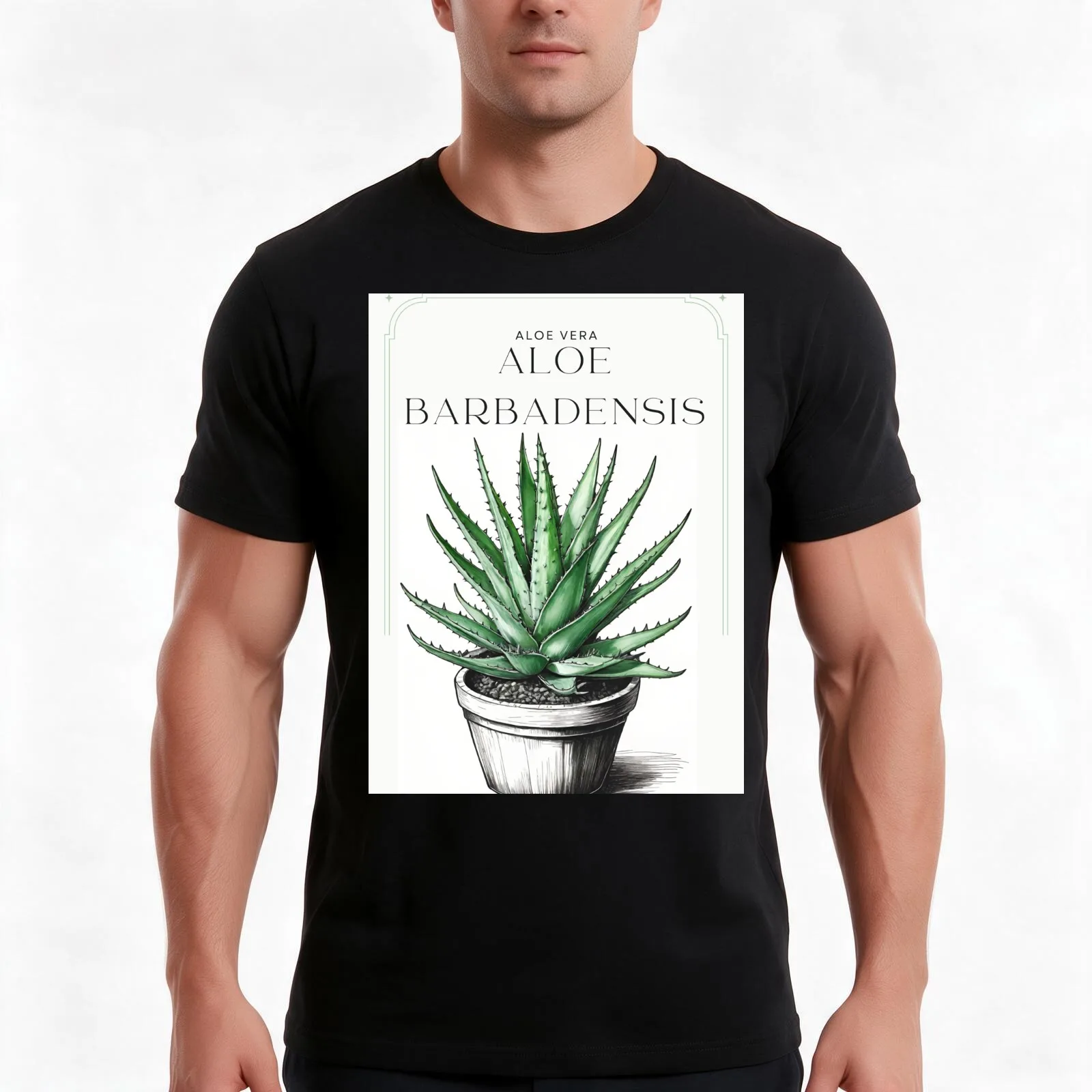 Botanical Aloe Vera in pot rustic sketch by CallisC Arts ????? T-Shirt Summer Casual Cotton Tee Oversized Streetwear Tops