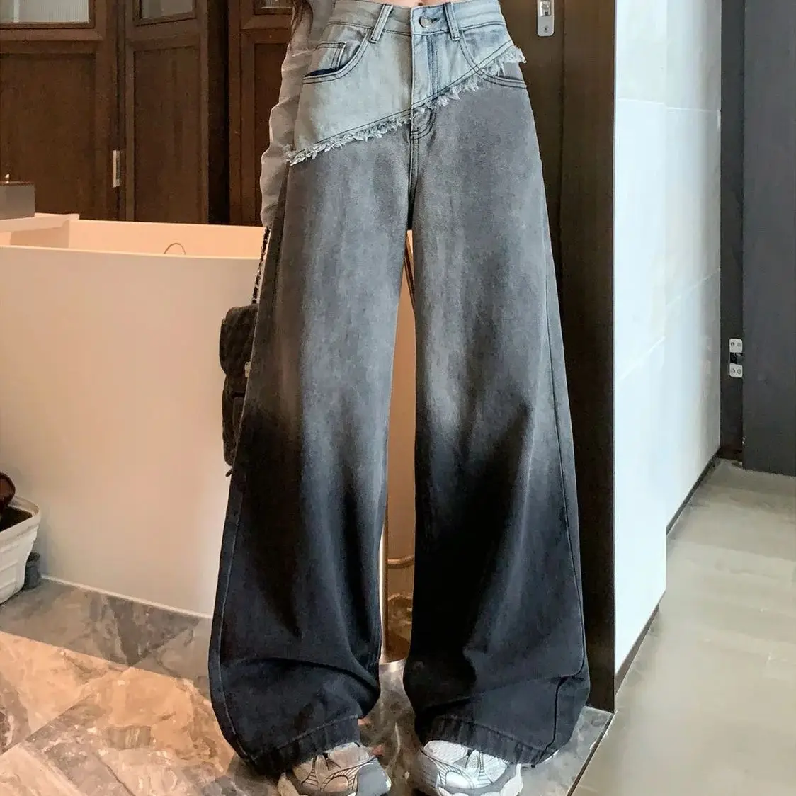 

American Gradient Splicing Contrasting Jeans 2025 Spring New Style Floor Straight Retro Slim High Waist Loose Trousers