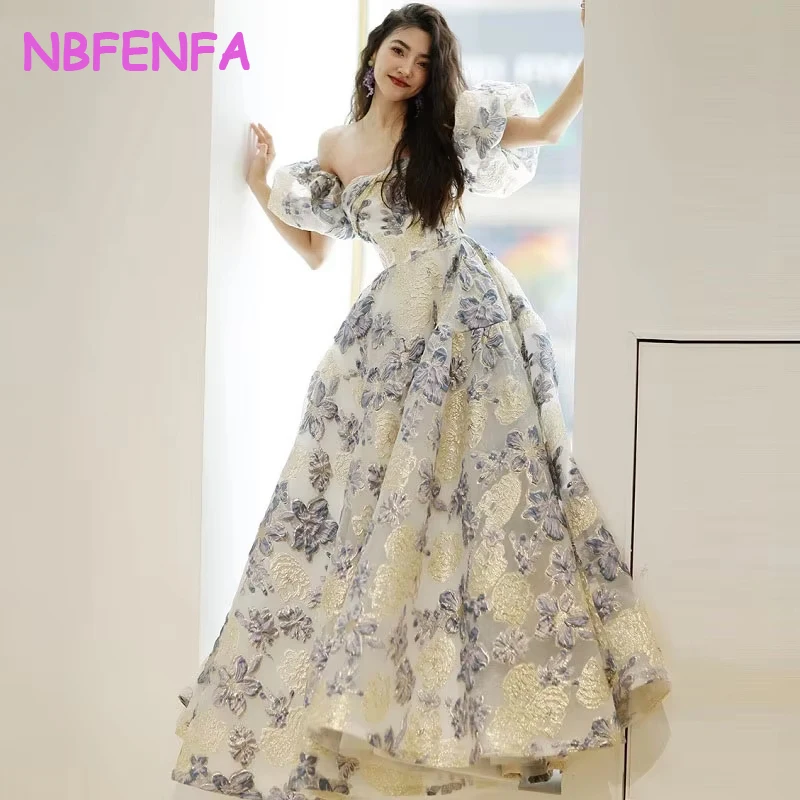 Vestidos de baile compridos franceses sem alças femininos, manga folhada, elegante, coquetel formal, festa de aniversário, verão