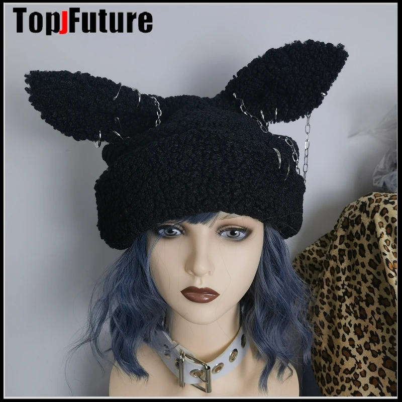 Japanese Harajuku Y2K Girls Long Rabbit Ear Hat Gothic Black Cross Chain Lambswool Winter Warm Bunny Ear Caps Streetwear Hats