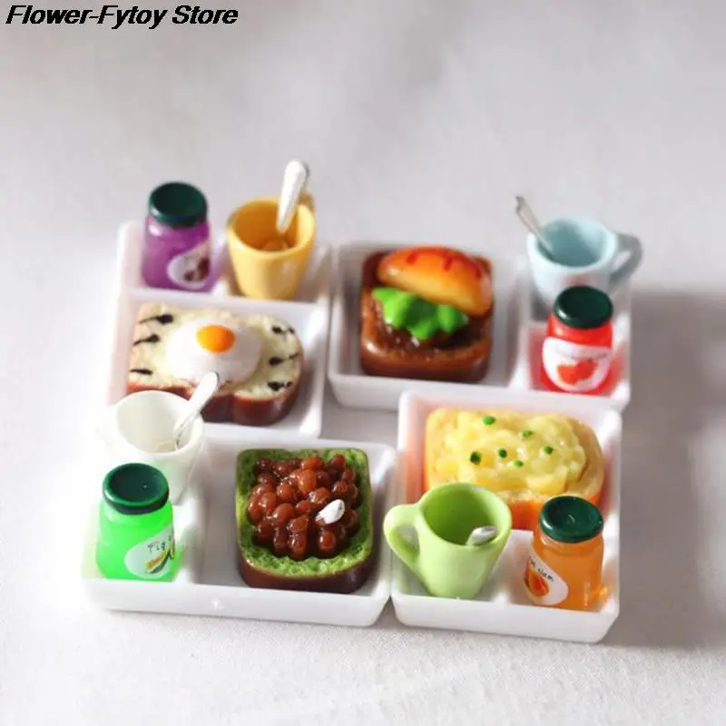 5 pz/set Dollhouse MIniature Toast Bread Jam Dinner Plate Cup Spoon For Doll House Play Kitchen Accessoreis Multicolor