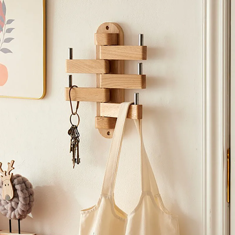 Solid Wood Coat Rack Wall Mount Nordic Bedroom Clothes Hanger for Entryway Decor Flip-Down Hook Rack
