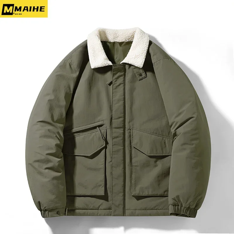 

2023 Winter Warm Jacket Men's Fashion Retro Lapel Lamb Wool Warm Parka Street Clothing Couple Solid Color Down Cotton Coat Brand