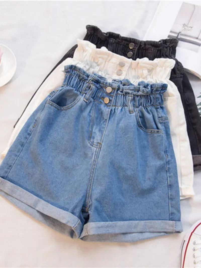 

Summer Black Women's Denim Shorts Women's S-5XL Pleated White Blue High Waisted Shorts Women's Elastic Short Jeans Y2k Shorts