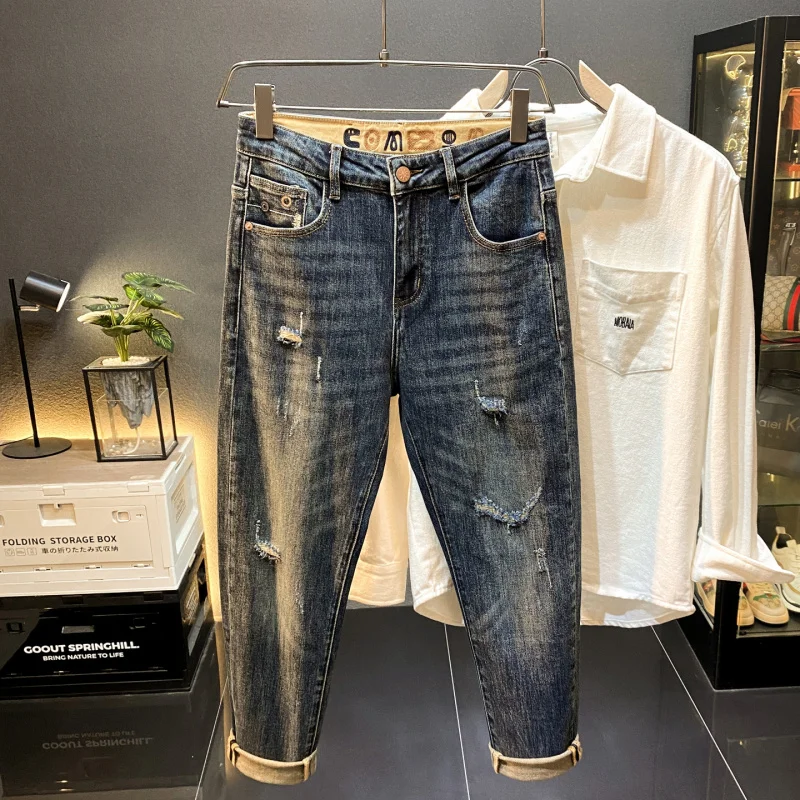 Tendência high-end 2025 outono novo rasgado remendado jeans magros masculinos na moda e bonito ruas casuais calças compridas