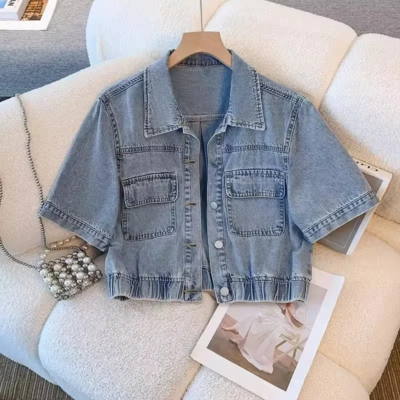 

Summer Women Dark Blue Light Blue Short Thin Denim Jacket Cowboy Outerwear Turndown Collar Short Sleeve Jeans Jacket Female Coat