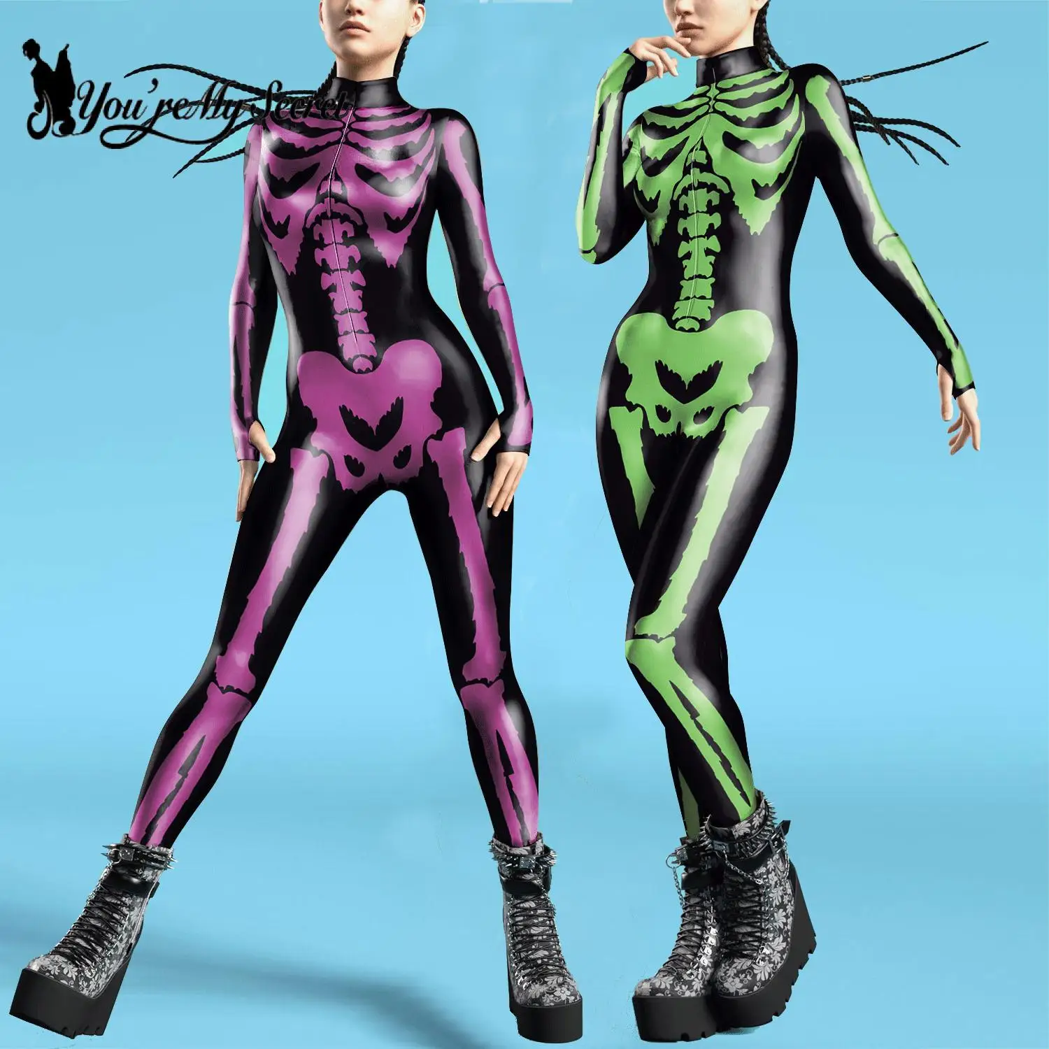 

[You're My Secret] Halloween 3D Scary Skeleton Women Jumpsuits Zentai Bodysuit Front Zipper Spandex Cosplay Costume Party Outfit