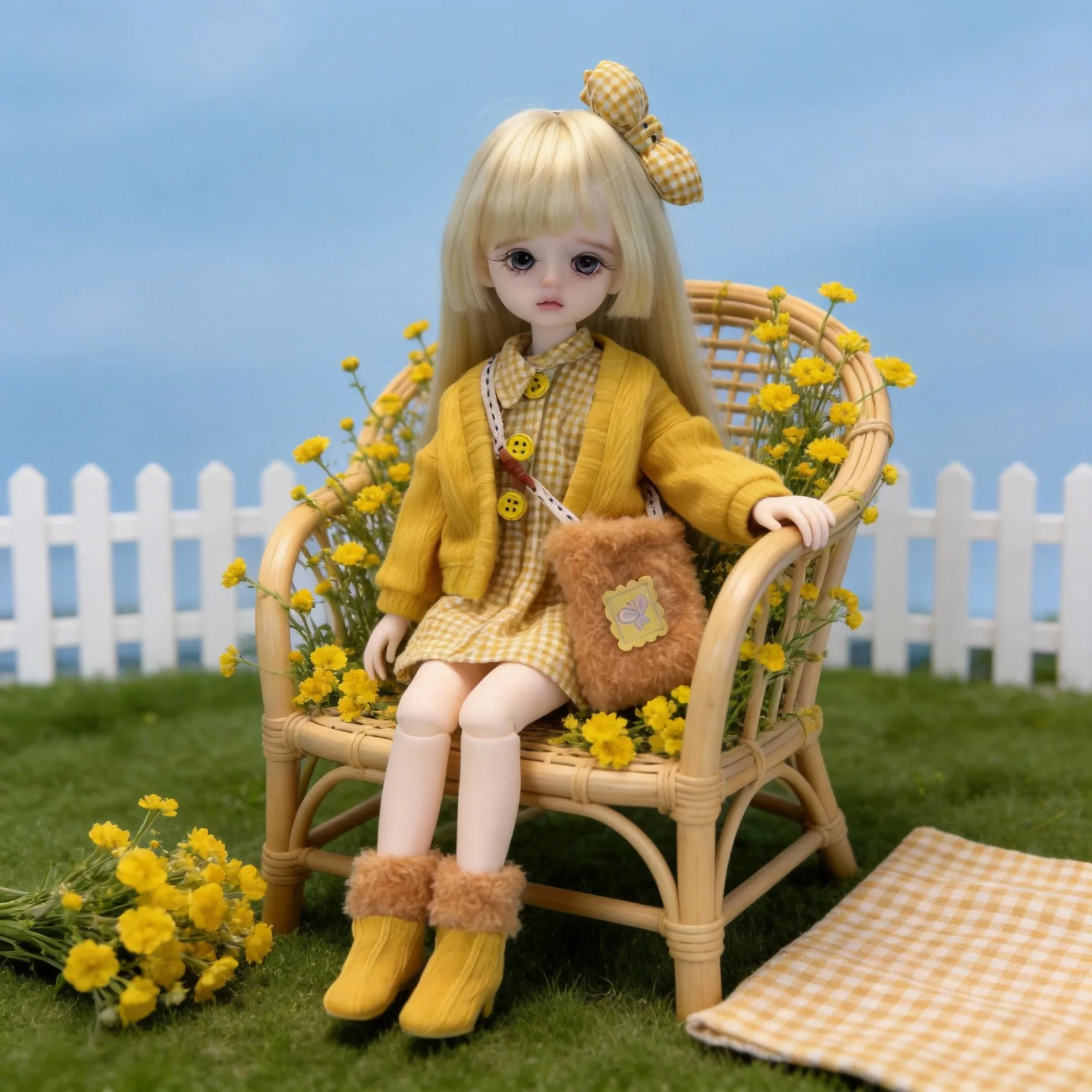 Conjunto de Ropa para Muñeca BJD de 30 cm 1/6 (Solo Ropa, Sin Muñeca) Vestido a Cuadros Amarillo, Cárdigan de Punto, Diadema con Lazo, Bolsa, Calcetines, Atuendo Estilo Cottagecore