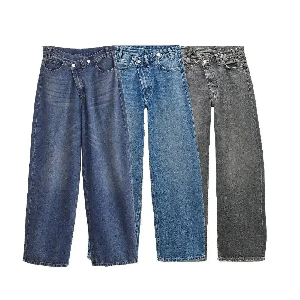 Jean Double boutonnage à jambes larges pour femmes, polyvalent, élégant, décoration de boutons, taille moyenne, nouvelle collection 2026