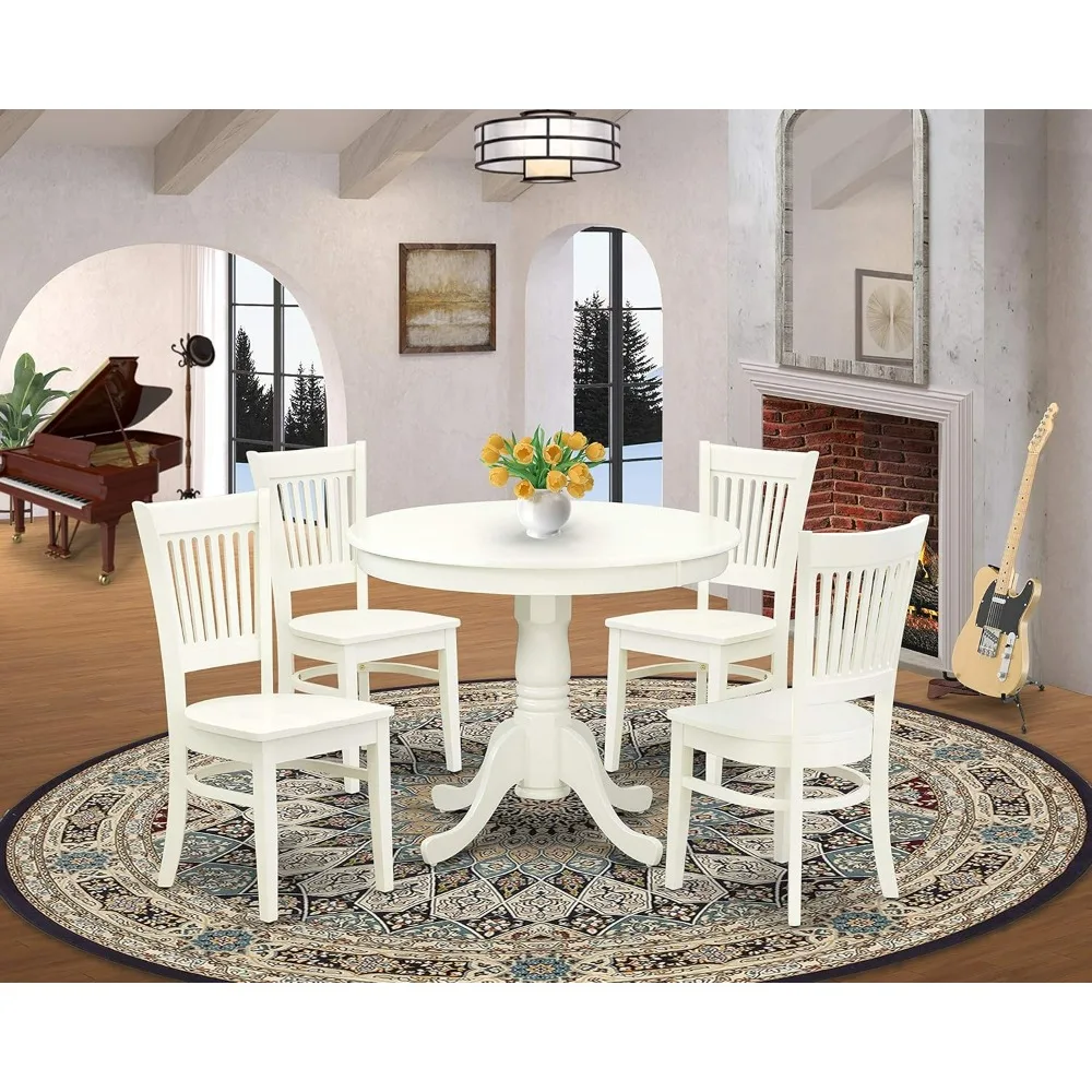 

5-piece kitchen dining table set, suitable for 4 people, with a circular dining table with a base and 4 solid wood seats, white