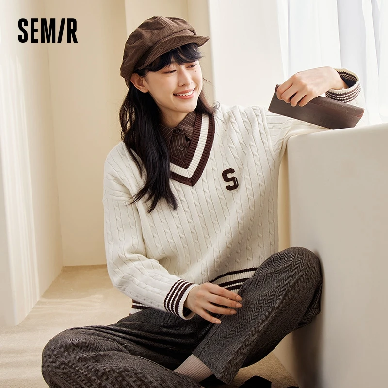 Semir Sweater Women Contrasting Color V-Neck Loose Dropped Shoulder Literary Winter Letter Cable Knit Retro College Style Top