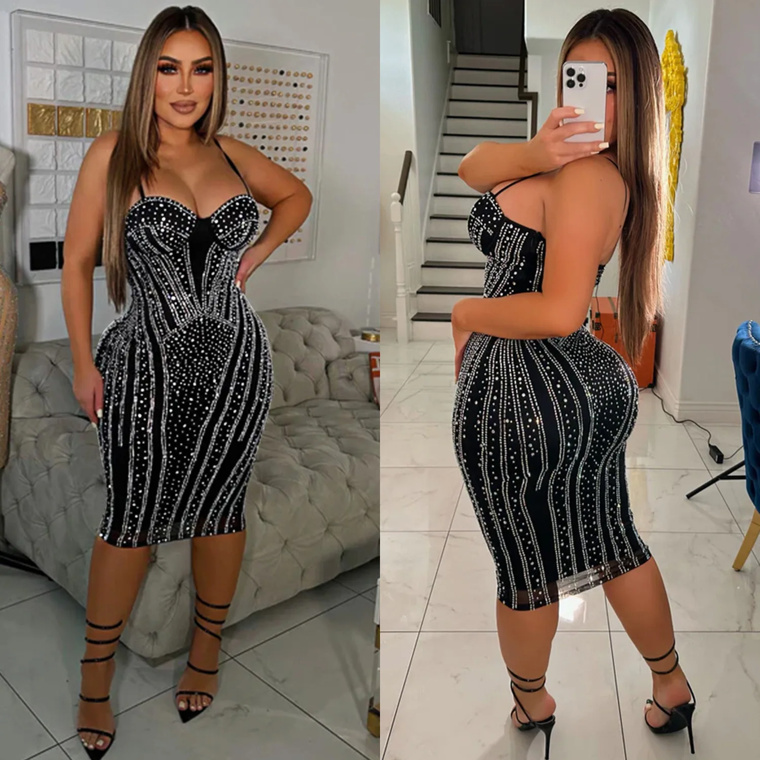 

Европейская и американская модная женская одежда, однотонное сексуальное сетчатое платье с горячими бриллиантами на подтяжках