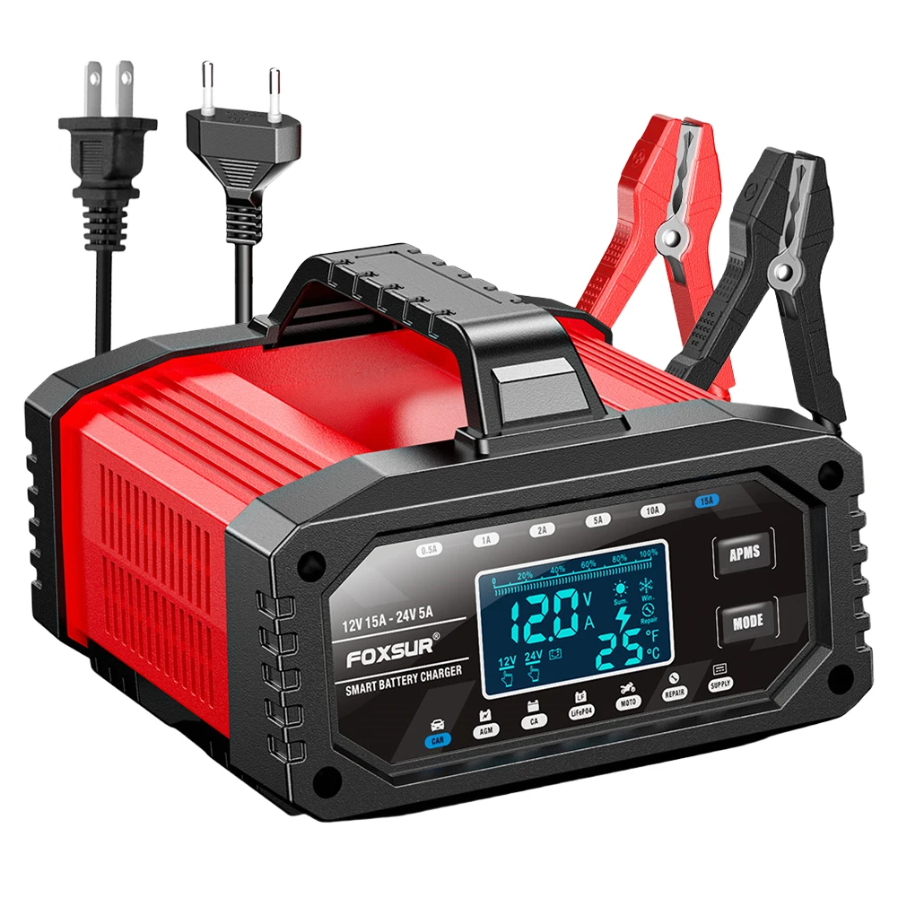 

15A 12V 24V Car Battery Charger Smart Charger Moto Battery Charger for Car Truck Boat RV ATV AGM LiFePo4 Batteries