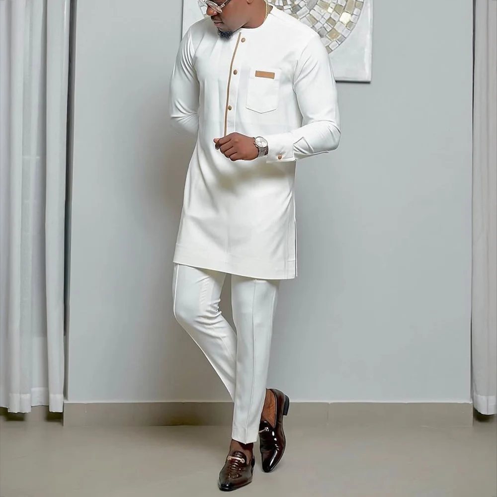 Conjunto de 2 Peças para Homens com Camisa de Manga Longa Bordada e Calças, Traje de Casamento Masculino, Vestuário Casual Étnico