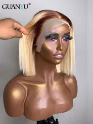 Ombre 4/613 Short Blonde Bob Lace Frontal Wig Human Hair HD Transparent 13X4 Honey Blonde Lace Front Wigs with Brown Root