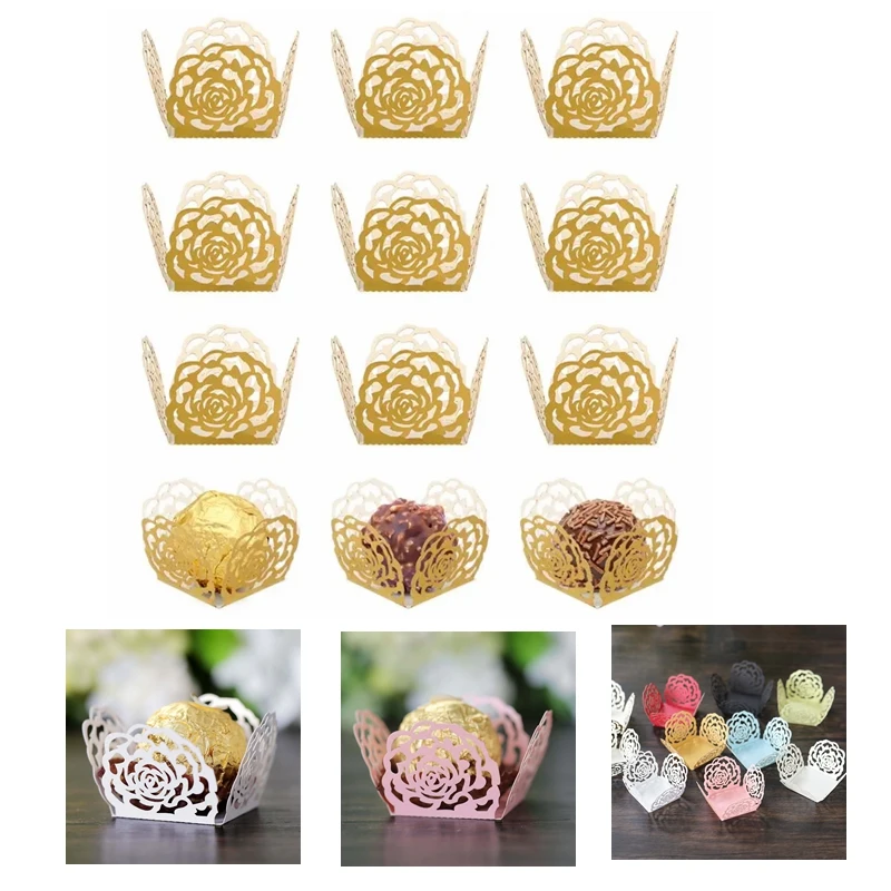 50pcs Chocolate Paper Packing Separating Trays Hollow Rose Lace Wrapping Paper Muffin Wrappers Tray Wedding Party Dessert Decor