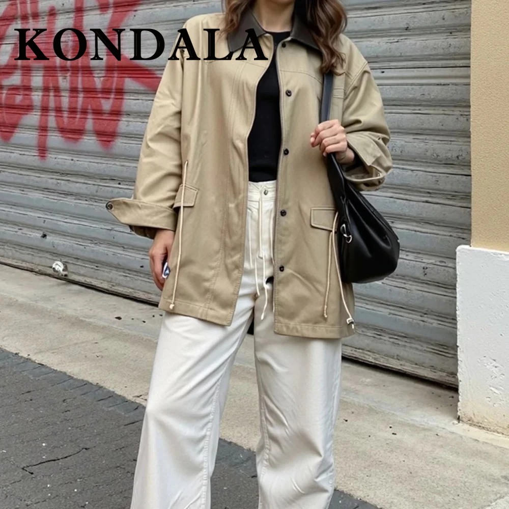 

KONDALA Chic Khaki Casual Woman Fashion 2025 Wind Coats Straight Streetwear Patchwork Outwear Vintage Collegiate Mujer Trench