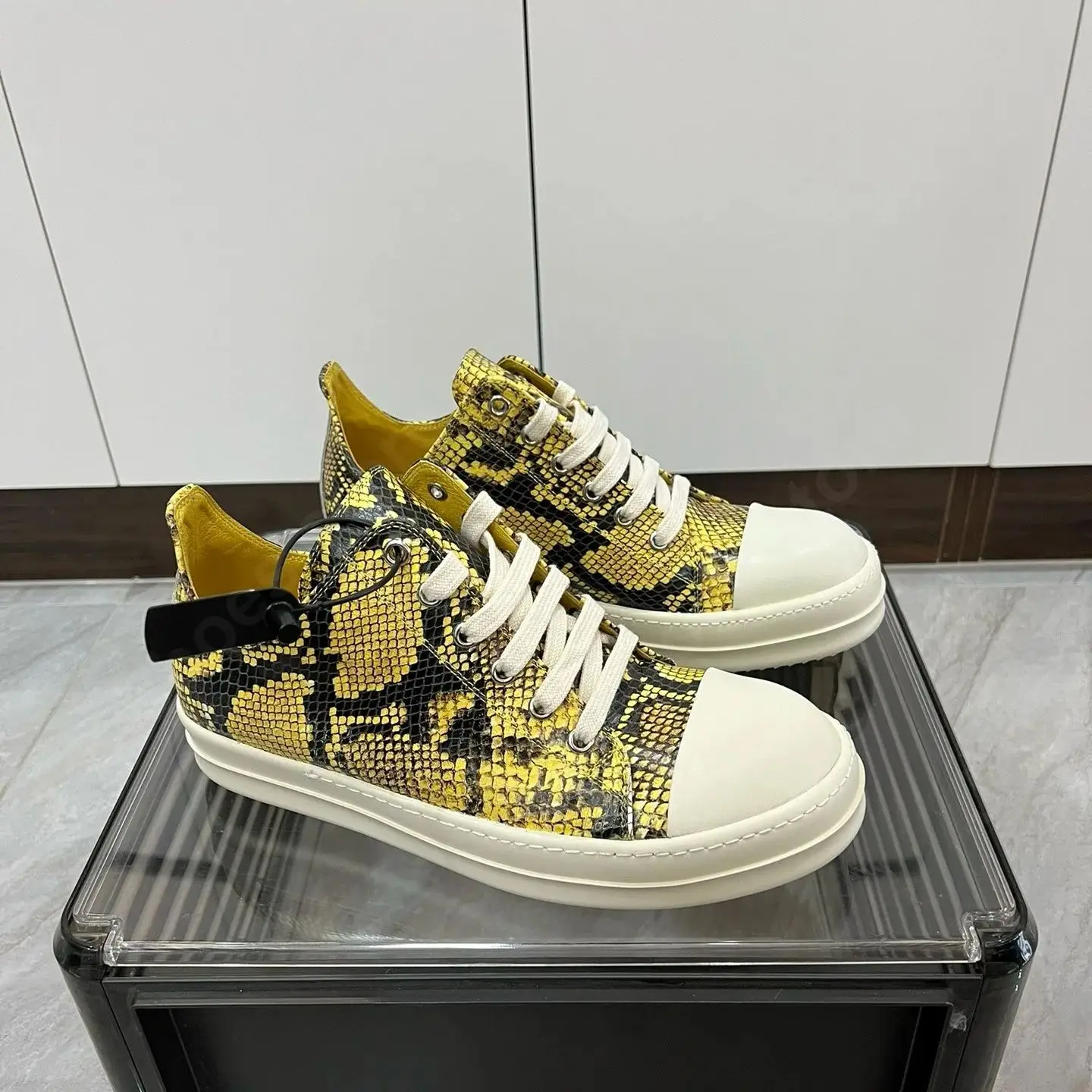 Ricks Men Shoe Yellow boa Leather Low Top Shoe Lace Up Owens Women Sneaker Casual Shoe Owens Design Thick Sole Shoes Sneakers