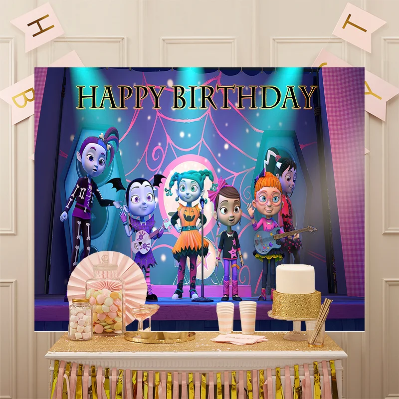 Disney Cartoon Cute Girls Background Vampire Vampirina Happy Birthday Banner Personalized Party Backdrop Decoration Photography