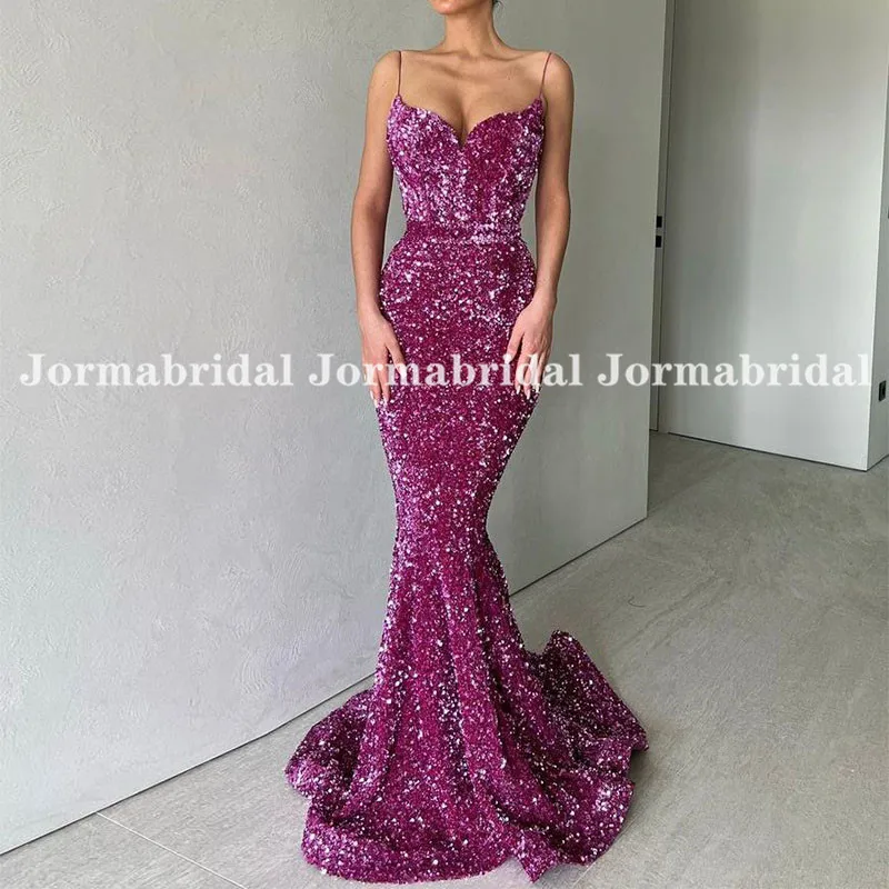 

Purple Velvet Sequin Mermaid Evening Dresses Spaghetti Strap Sweetheart Trumpet Sparkly Arabic Dubai Formal Pageant Party Dress