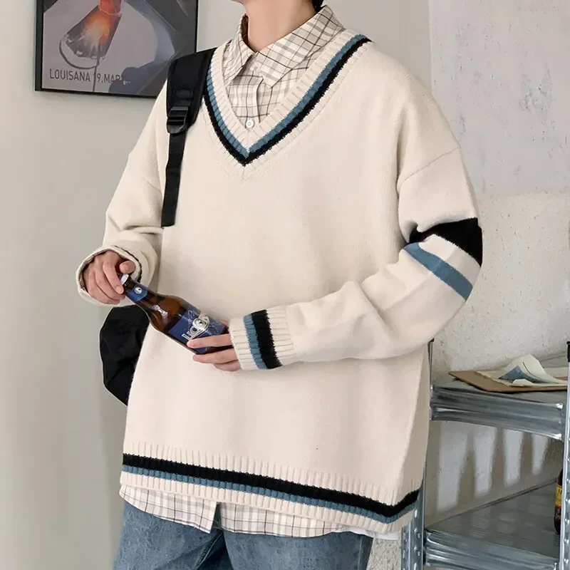 New Oversized V Neck Sweaters Men Autumn Wool Pullover Sweaters Loose Streetwear Men Clothes Y2k Knitted Sweater Men Pullovers