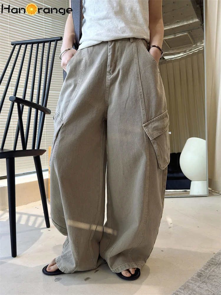 

HanOrange 2026 Spring Autumn Workwear 3D Patchwork Large Pocket Jeans Women Loose Wide Leg Denim Trousers Blue/Milk Tea