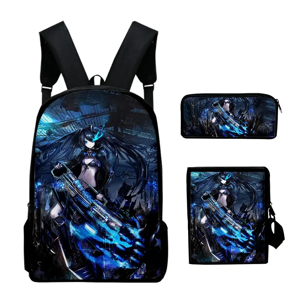 Harajuku Popular Black Rock Shooter 3D Print School Bags, Mochila Laptop Daypack, Inclinado Bolsa de Ombro, Lápis Case, 3Pcs Set