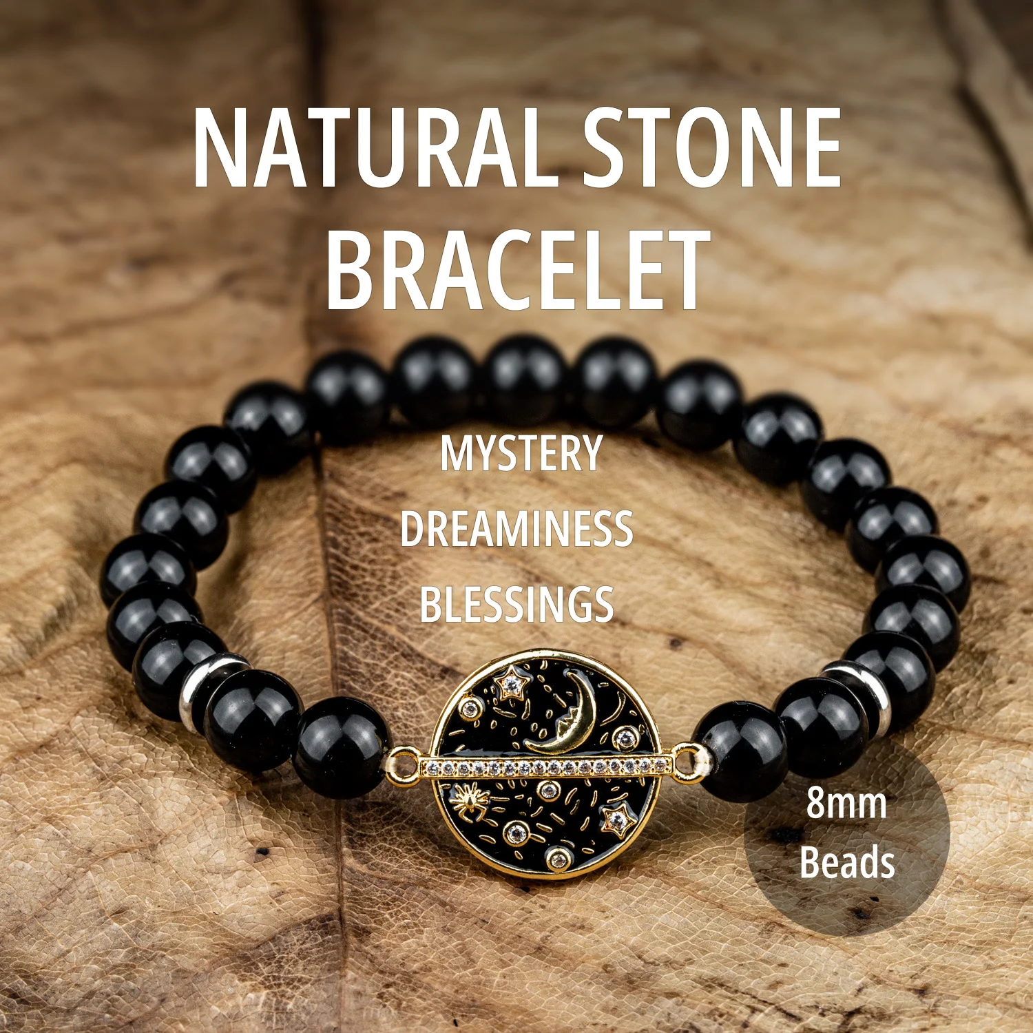 Natural Stone Bracelet Obsidian Beaded Bracelet Moon Celestial Round Charm Vacation Accessories Best Friend Gifts For Men Women