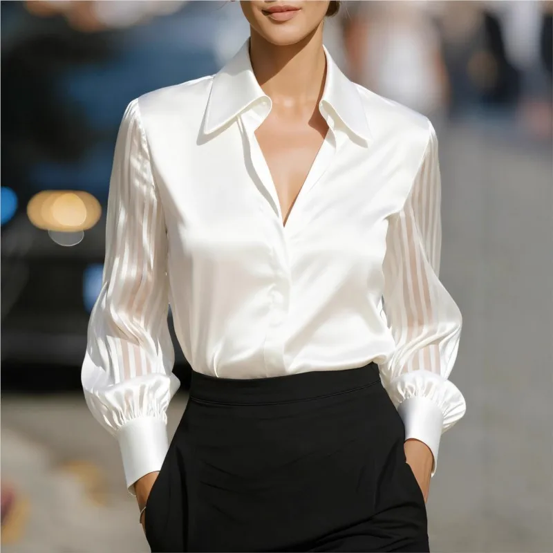 2026년 가을 여성용 긴팔 새틴 셔츠, 패셔너블하고 우아한 턴다운 칼라 루즈핏 시스루 스플라이스 블라우스 및 탑