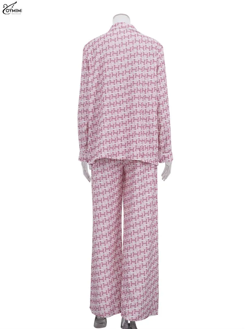 Oymimi Fashion Pink Print Women 2 Piece Set Outfit Elegant Long Sleeve Pockets Button Shirts + High Waist Straight Trousers Set view 6
