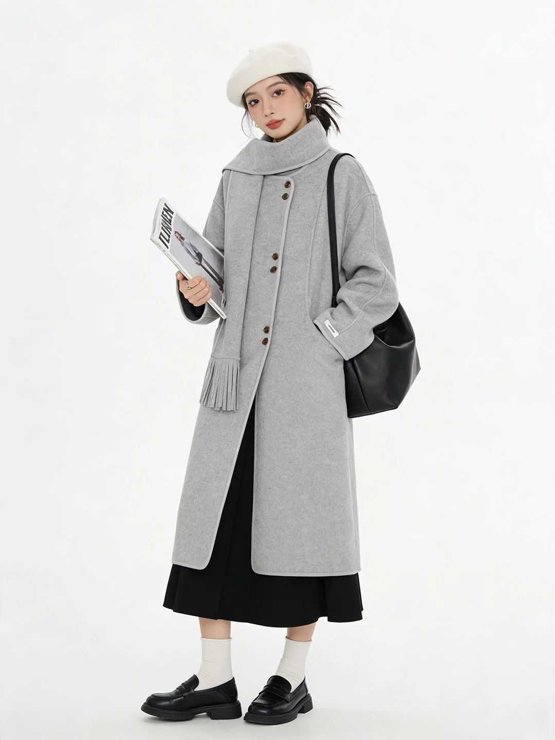 

Korean Sle Lazy Chic Mid-Length round Ne Woolen Coat Light ey Retro Double-Sided Wool Slimming Coat Tassel Scarf