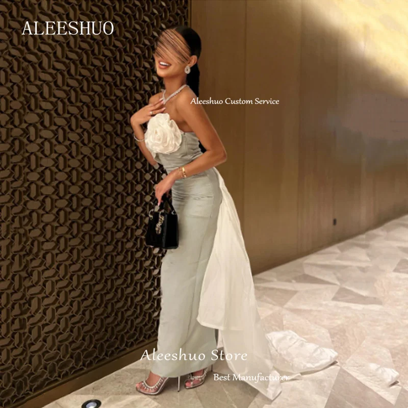 Aleeshuo-exquisito vestido recto de Dubai Arabia, vestido de graduación sin mangas, vestido de noche sin tirantes con pliegues de flores, vestido de fiesta hasta el tobillo