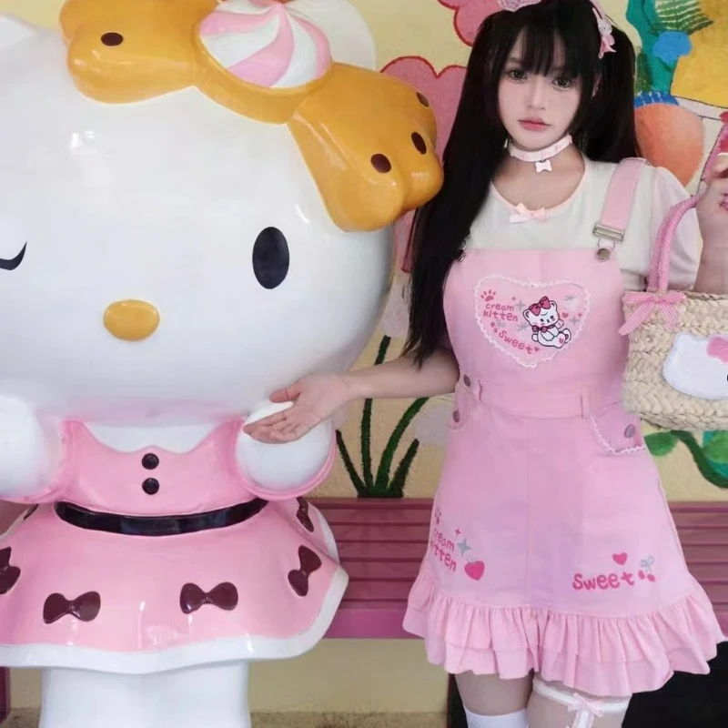 

Japanese Kawaii Lolita Style Overall Skirt Set Women Sweet Bow Tops Strawberry Ruffle Cartoon Print Skirts Harajuku Y2k Outifits