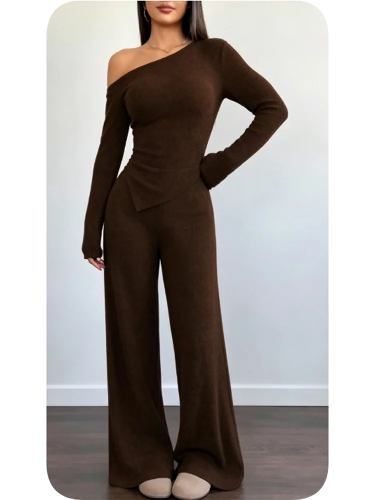 Lady Sexy Off Shoulder Sets Fashion Slim Diagonal Collar Long Sleeve Tops+Wide Leg Pants 2 Piece Set For Women Elegant Clothes
