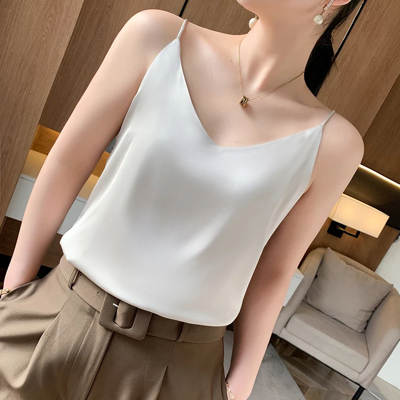 

Women's Vest Summer New Style Silk V-Neck Suspender Casual Solid Color Sleeveless T-Shirt Ladies' Tops Loose Tees