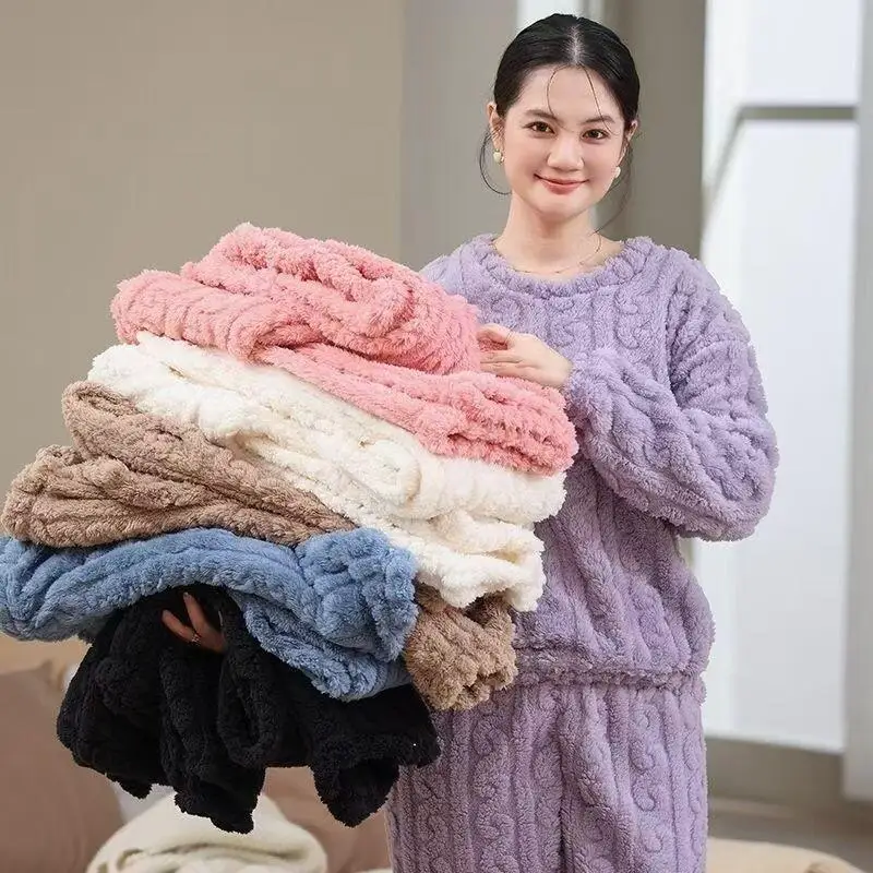 Сплошной цвет, женские пижамы, сохраняющие тепло, пижама из кораллового флиса для девочек, осень-зима, новая модель, одежда для сна, утепленная домашняя одежда, комплект из двух предметов