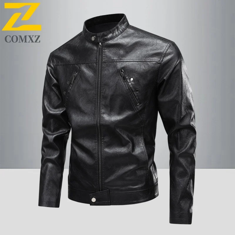 2025 PU Leather Jacket Men Winter Retro Motorcycle Faux Leather Jackets Stand Collar Windbreaker Ropa De Hombre Slim Biker Coat